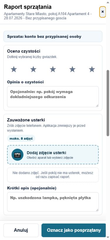 Mobilny raport sprzątania ze zdjęciem usterki