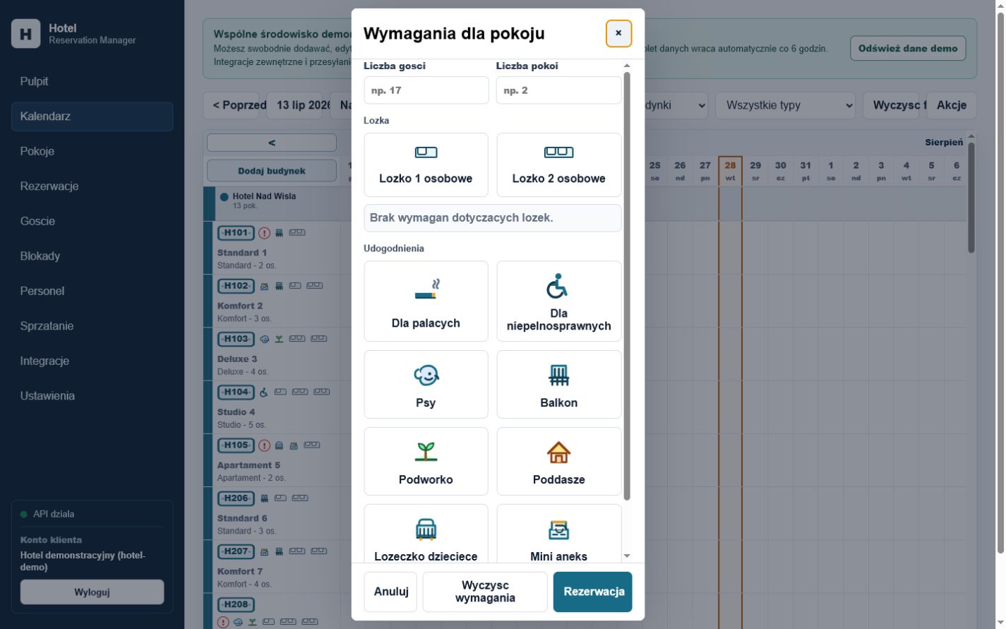 Wyszukiwarka wymagań pokoju z łóżkami i udogodnieniami