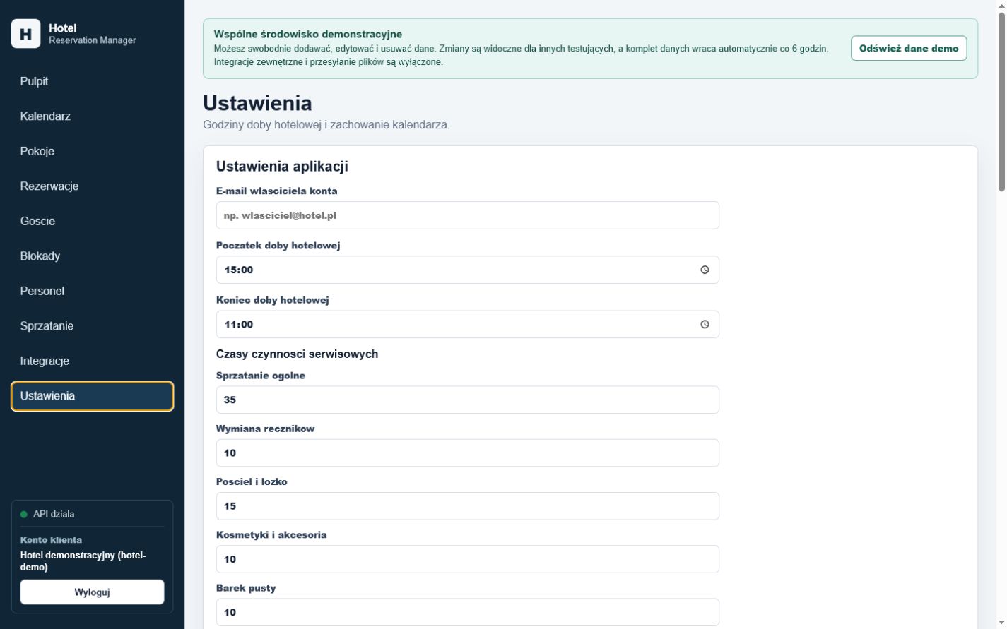 Ustawienia aplikacji hotelowej: doba, ceny, rabaty i kopie PDF