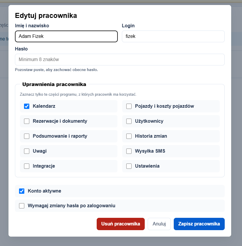 Uprawnienia pracownika w aplikacji