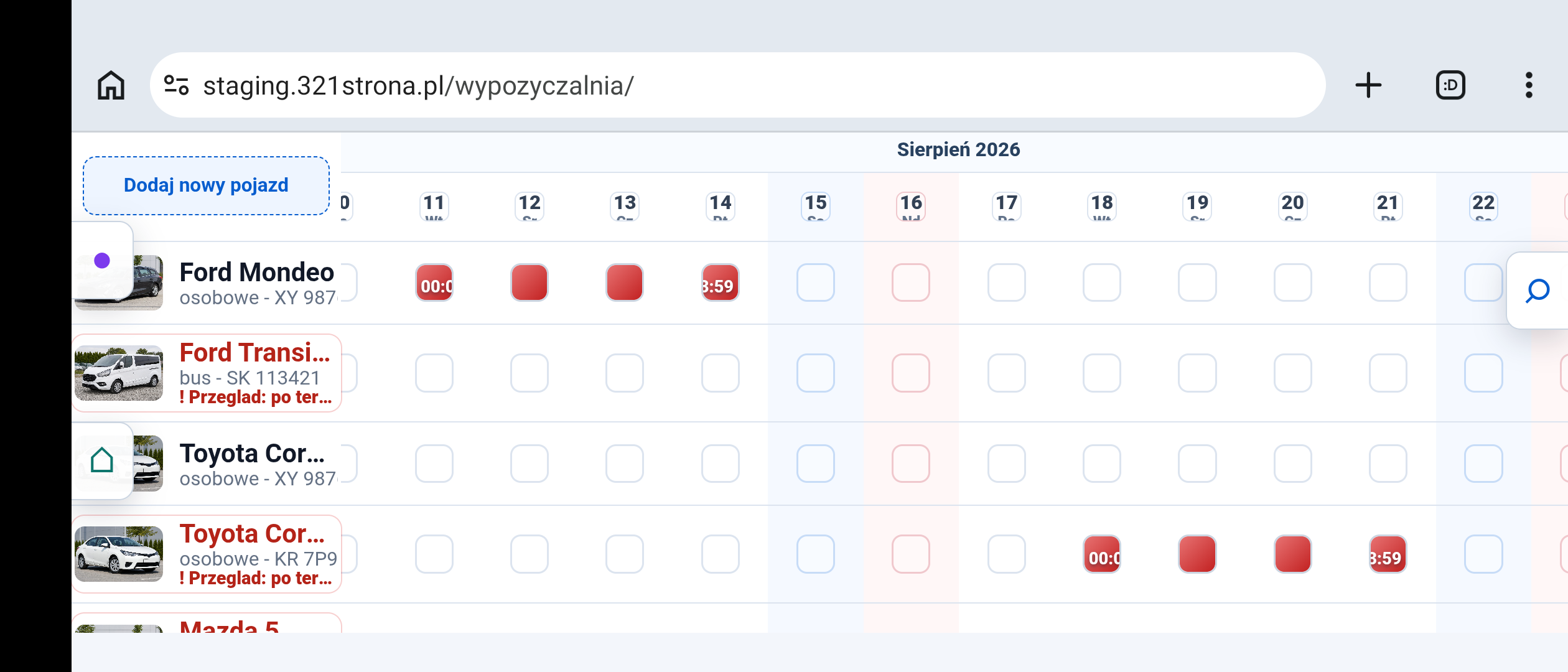 Poziomy widok kalendarza na telefonie