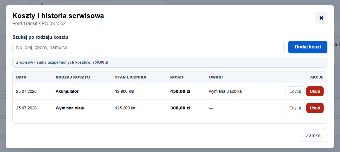 Historia kosztów i serwisu pojazdu